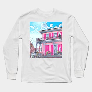 Watercolor Pink New Orleans French Quarter Nola Home Long Sleeve T-Shirt